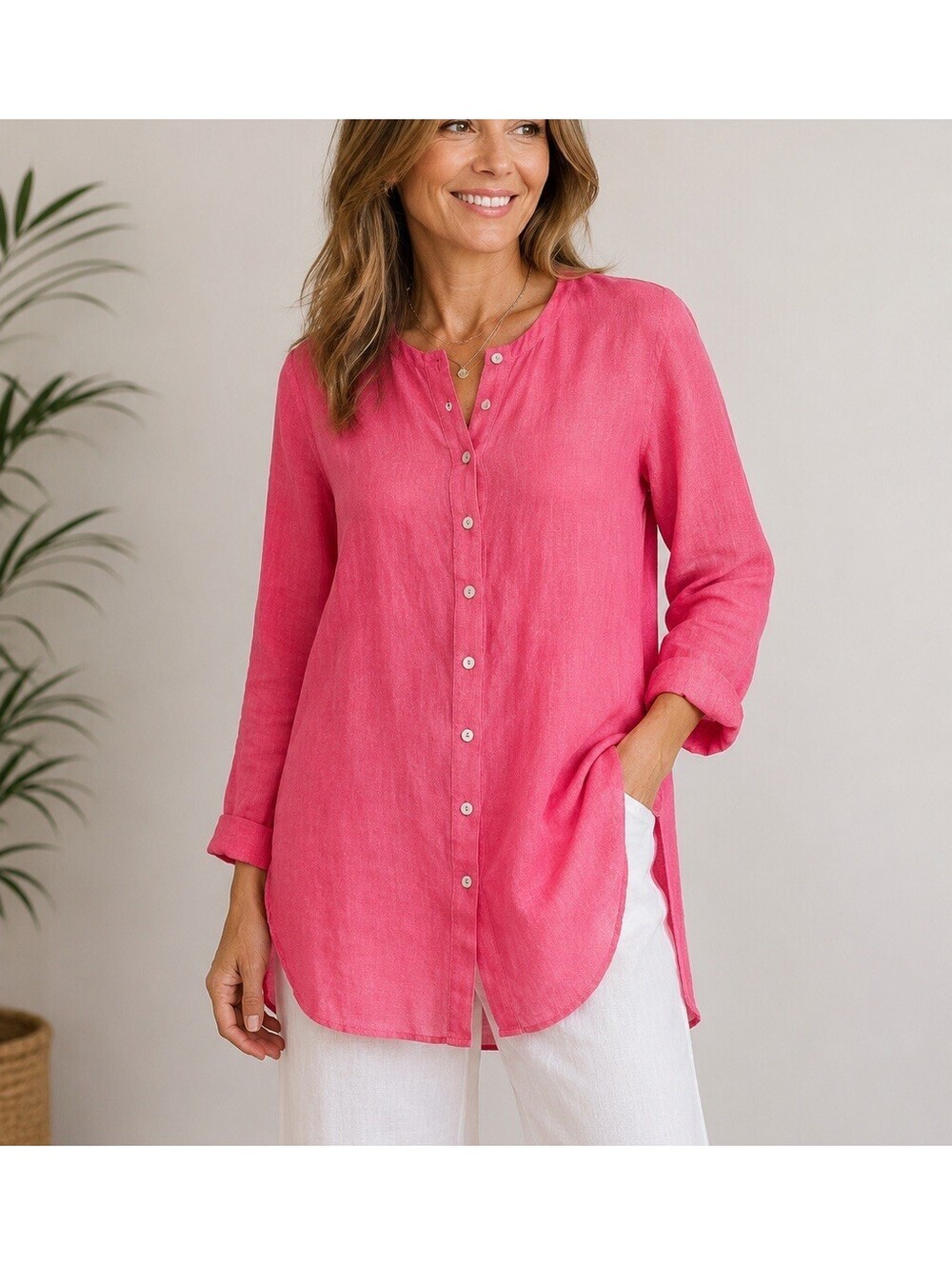 Carole Little Pink 100% Linen Tunic Blouse Women’s Small Beach Coastal Lagenlook
